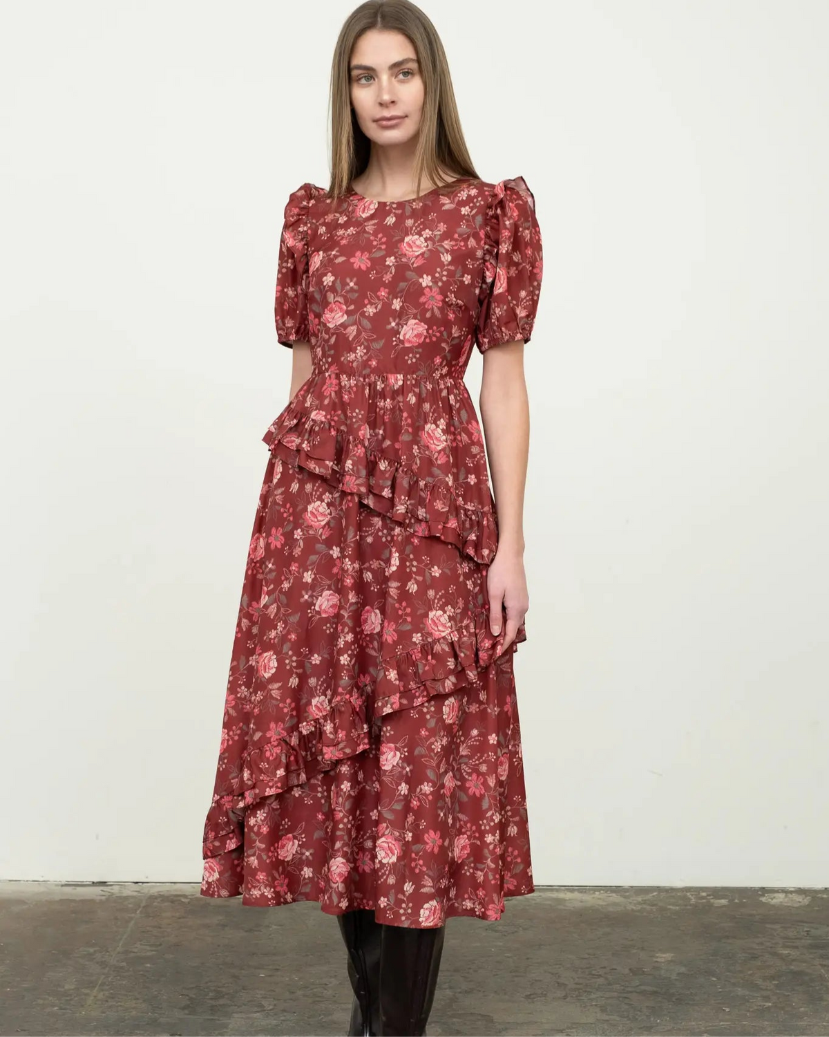 Olivia Burgundy Floral Ruffle Dress
