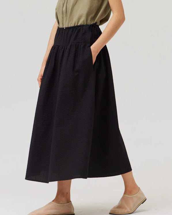 Black Seersucker Midi Skirt