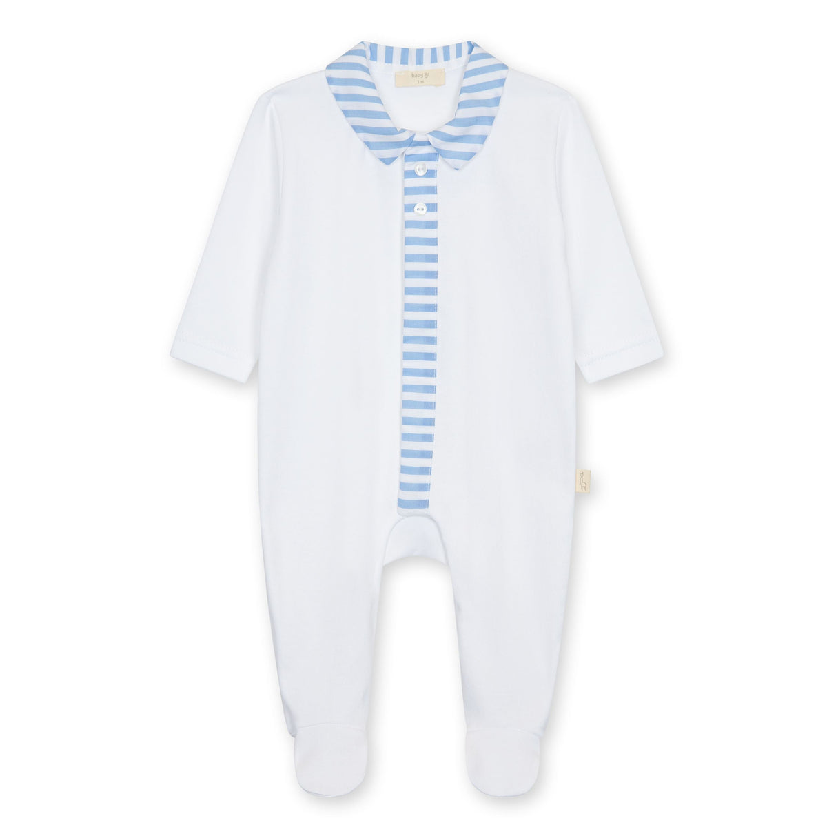 White Pima Footie Blue Gingham Collar & Placket