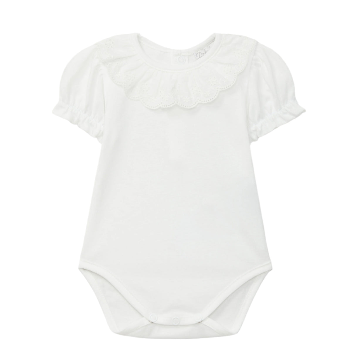 A white short-sleeved onesie with a ruffled eyelet collar for baby girls.