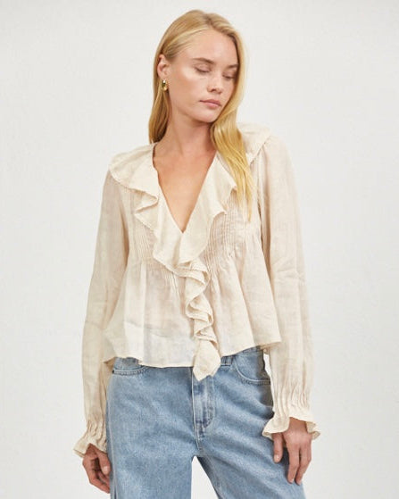 Cream Voile Ruffle Front Blouse