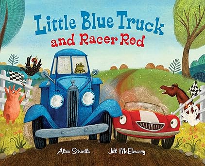 Book cover of 'Little Blue Truck and Racer Red' with two cartoon cars on a road.