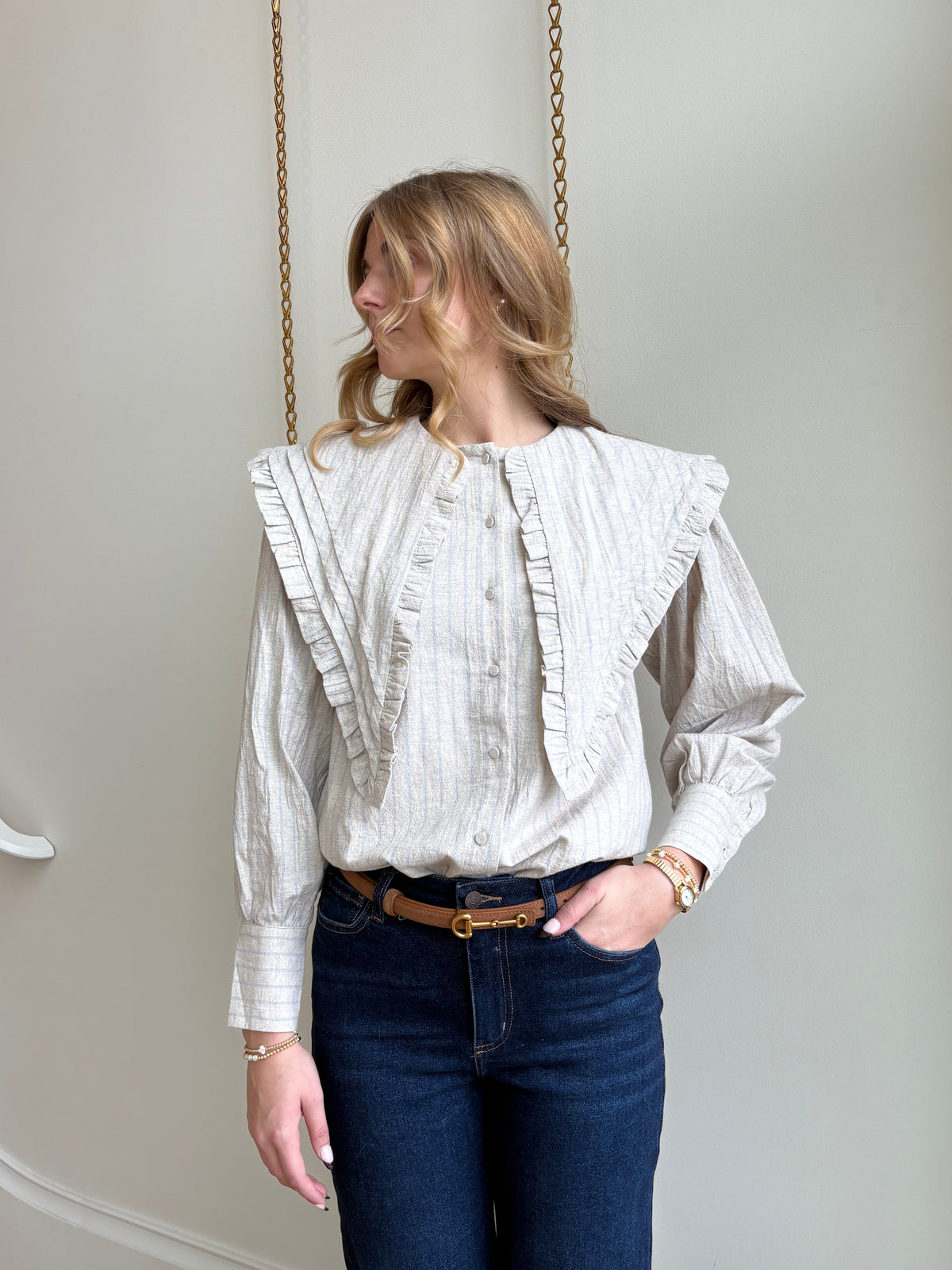 Oat Blue Stripe Long Collar Blouse