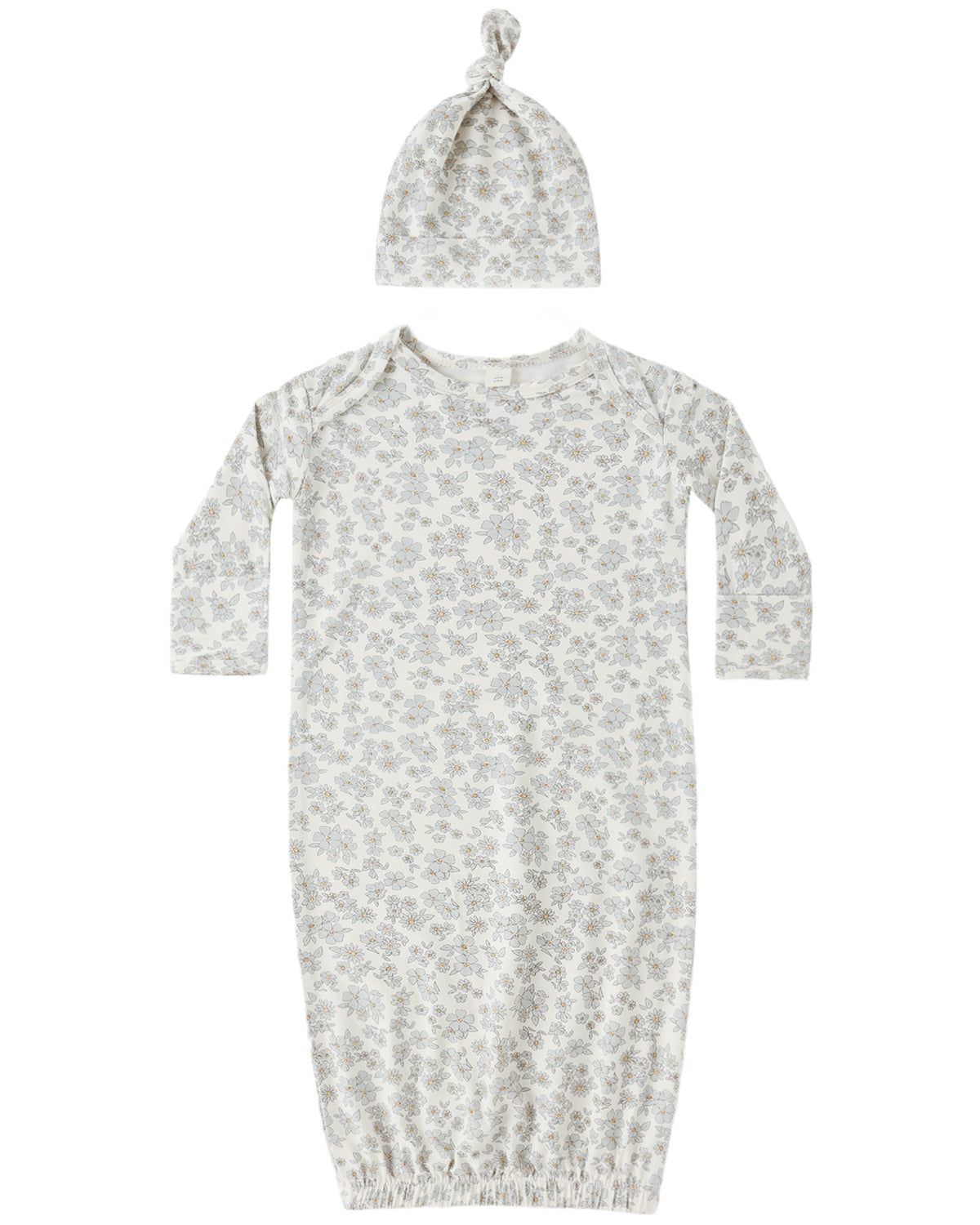 Baby gown and hat set with floral pattern on a white background
