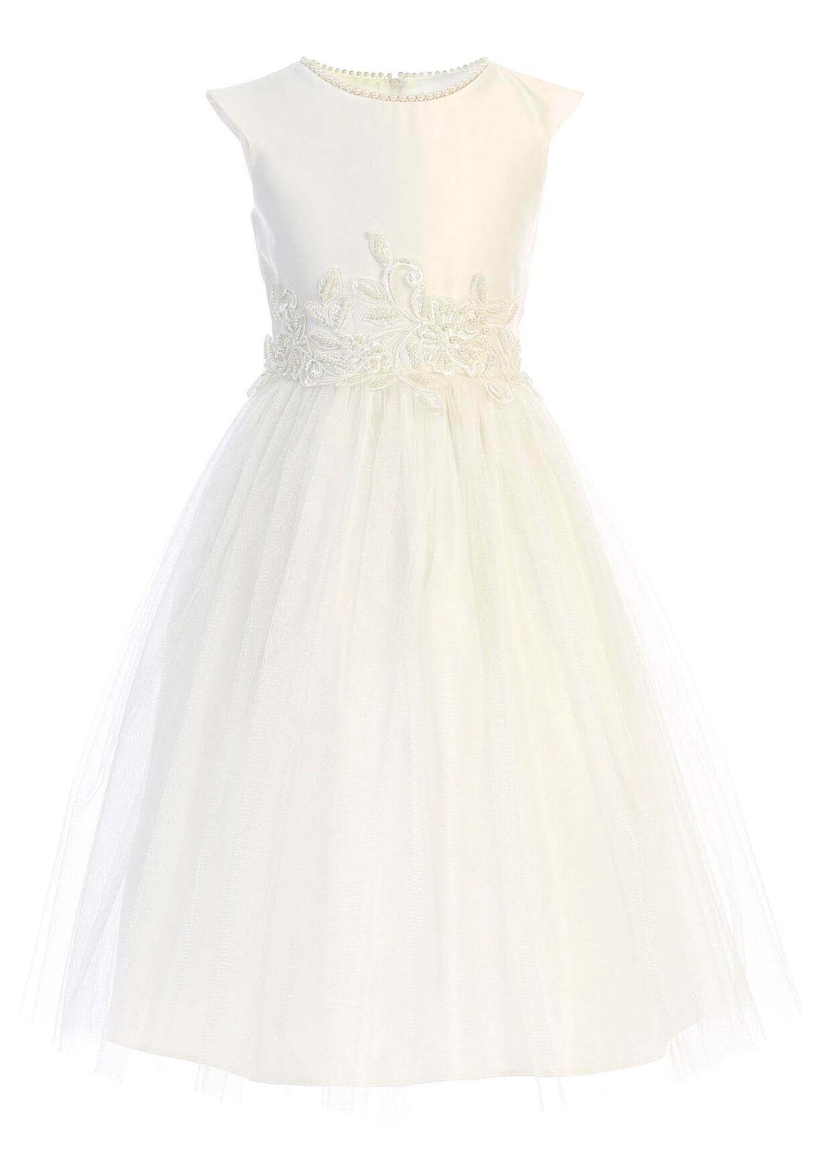 White Satin & Tulle Dress Pearl Embroidered Waist