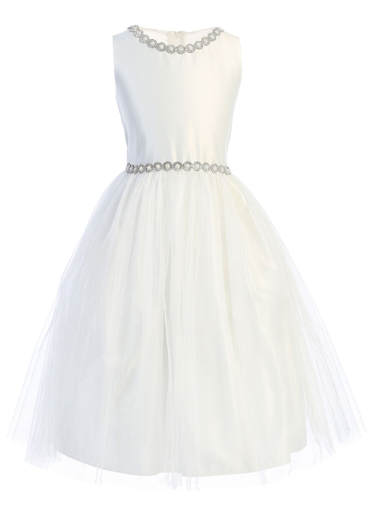 White Jeweled Neck & Waist Satin and Tulle Dress