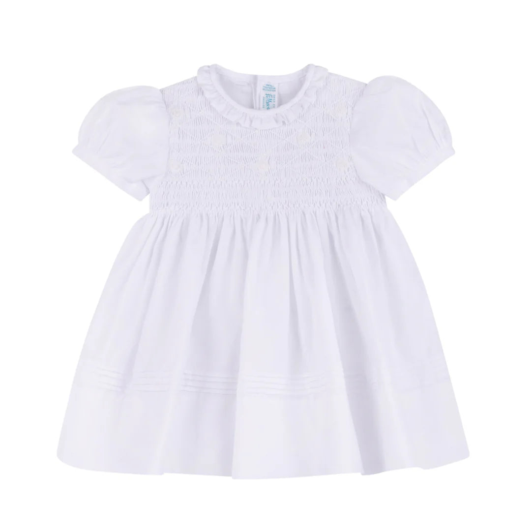 Girl's White Smocked Ruffle Neck Dress