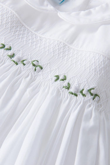 Girl's White Smocked Dress with Green Leaf