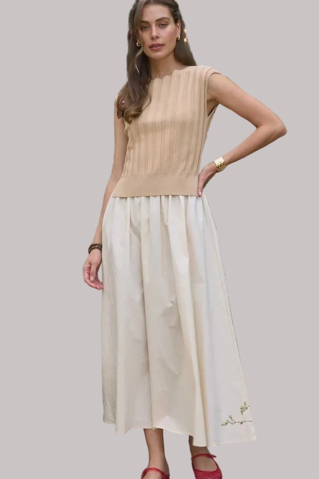 Women's Khaki Knit Mix Media Midi Dress