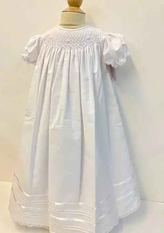 Girl's White Bishop Smocked Mid Gown