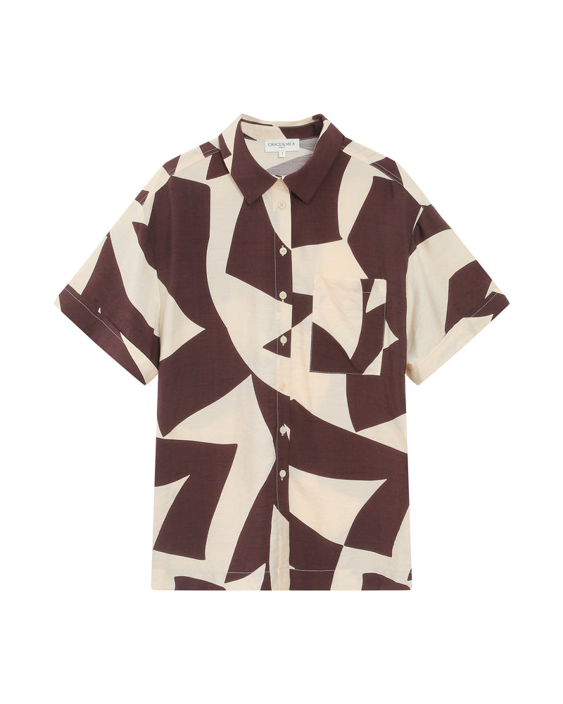 Veil Brown Cream Abstract Boxy Shirt
