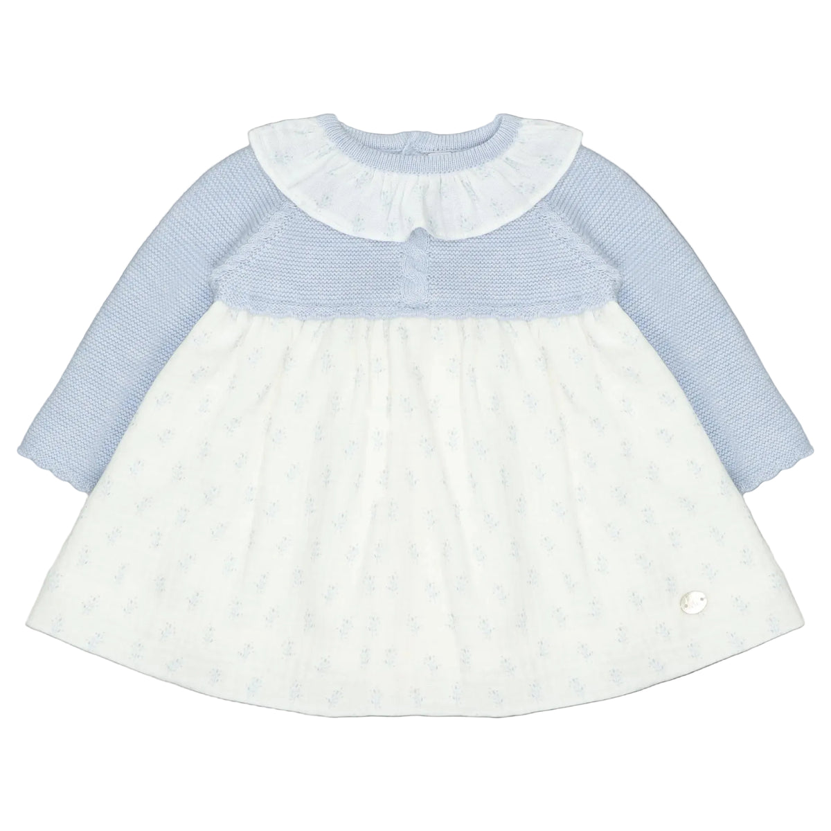 Light Blue Knit and Woven Leaf Print Dress