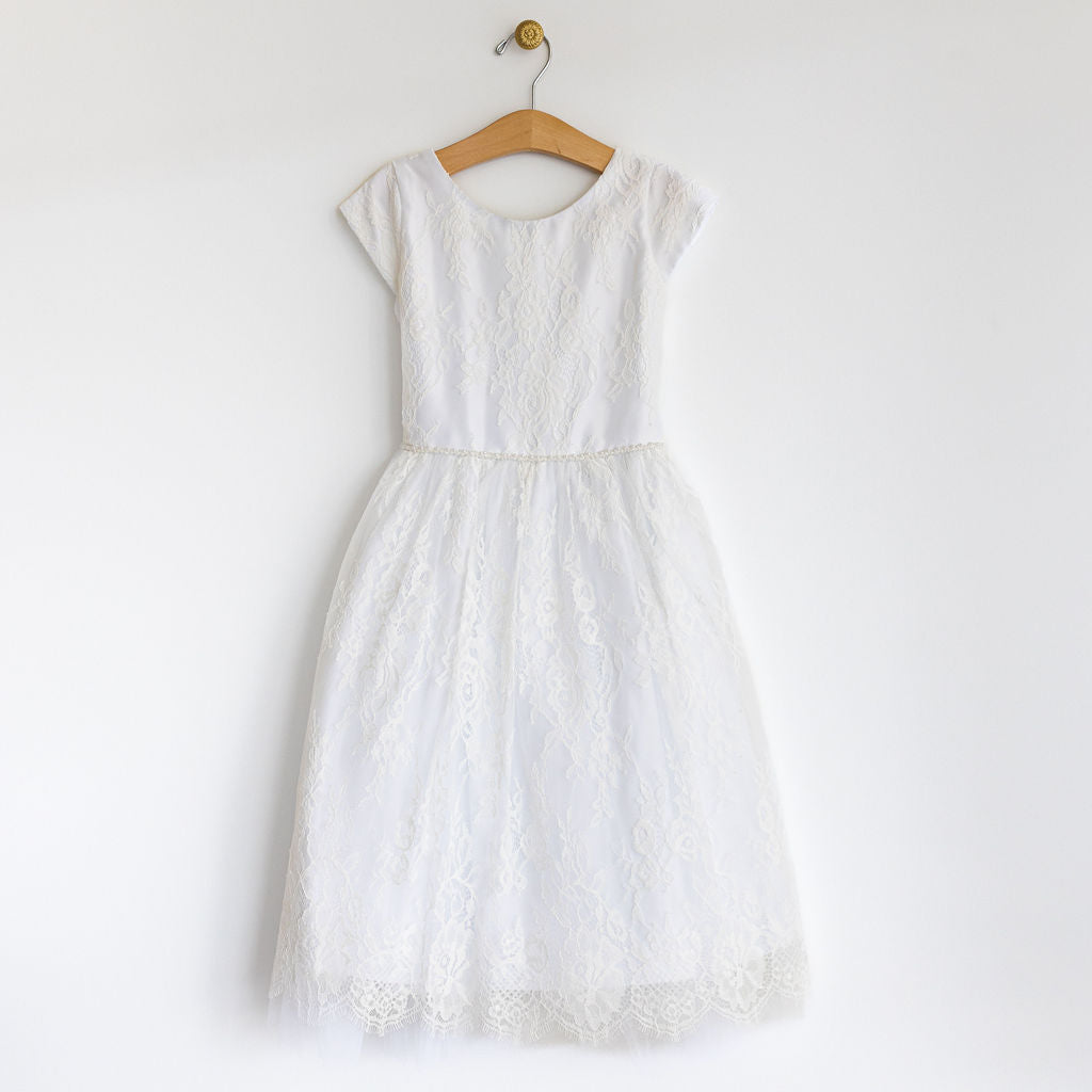 Girl's White Lace Dress Pearl Waist