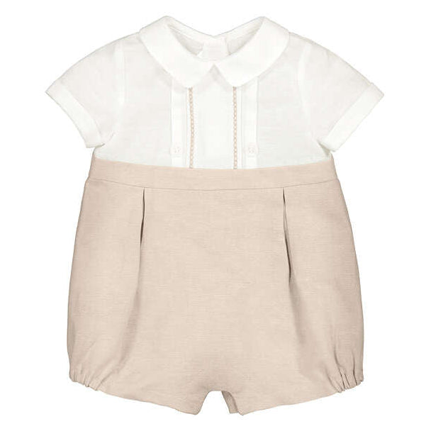 Khaki and White Linen Tucked Romper