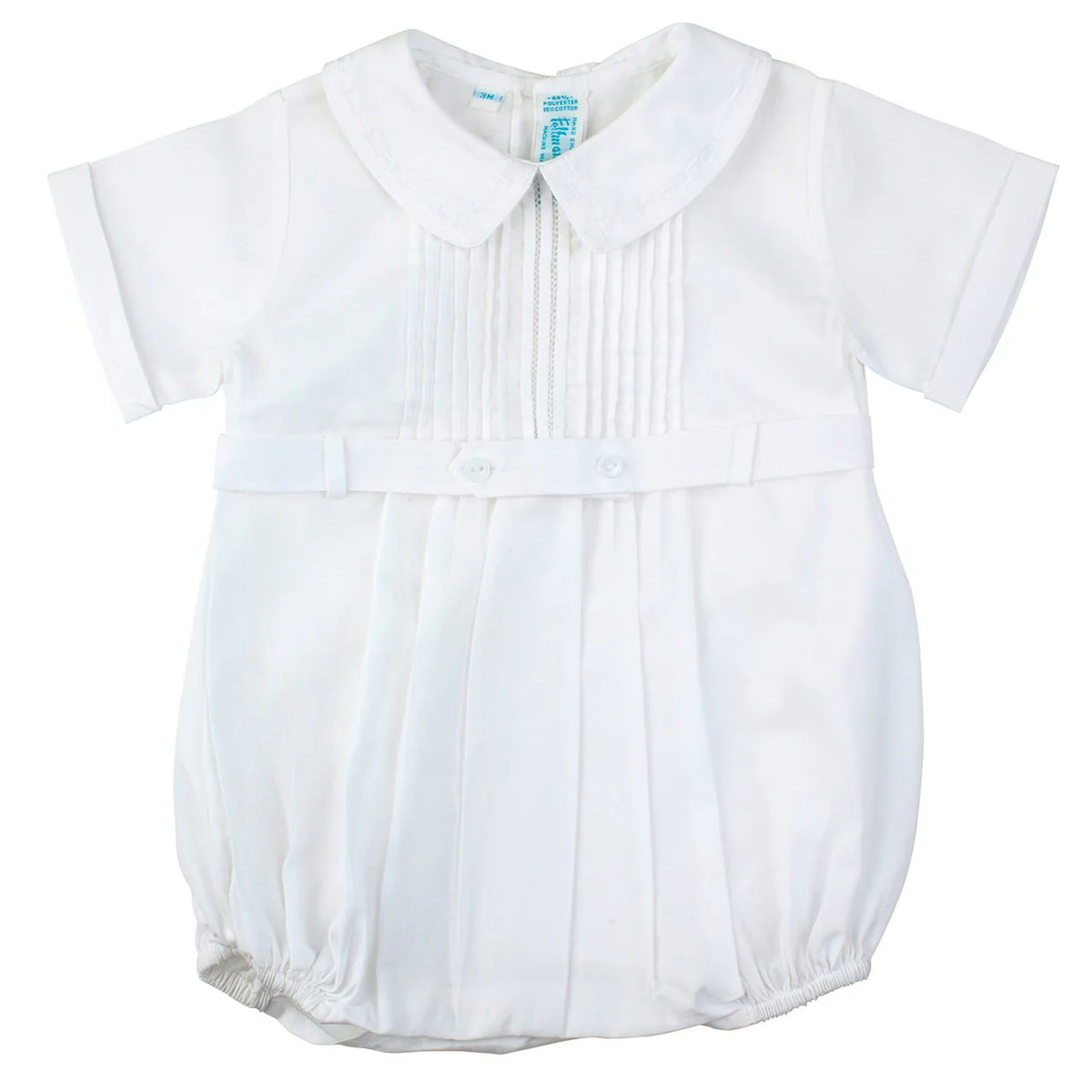 White Tucked Belted Romper Embroidered Collar