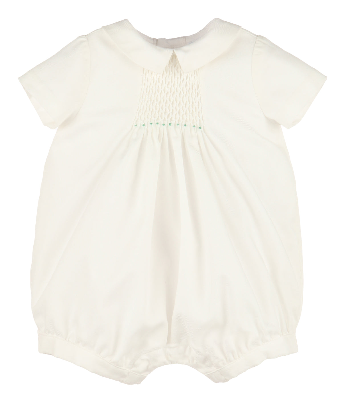 Ivory Twill Smocked Romper Blue Embroidery