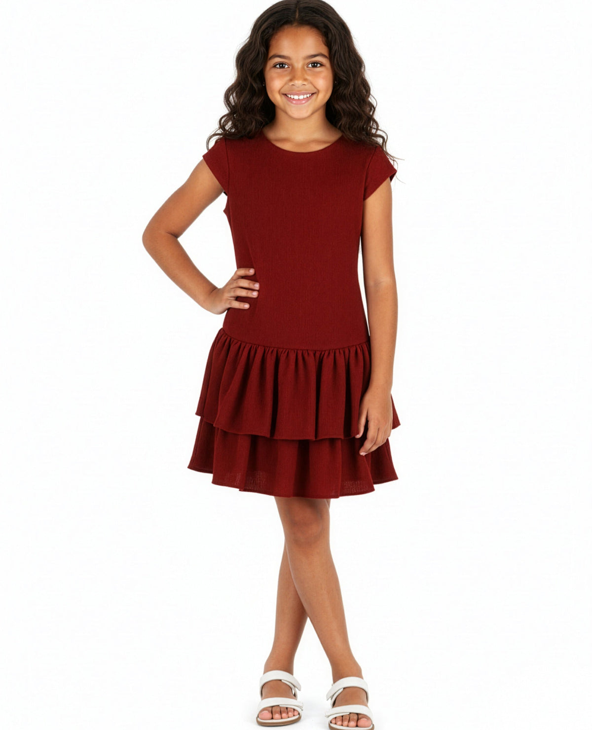 Burgundy Knit Crinkle Drop Waist Dress