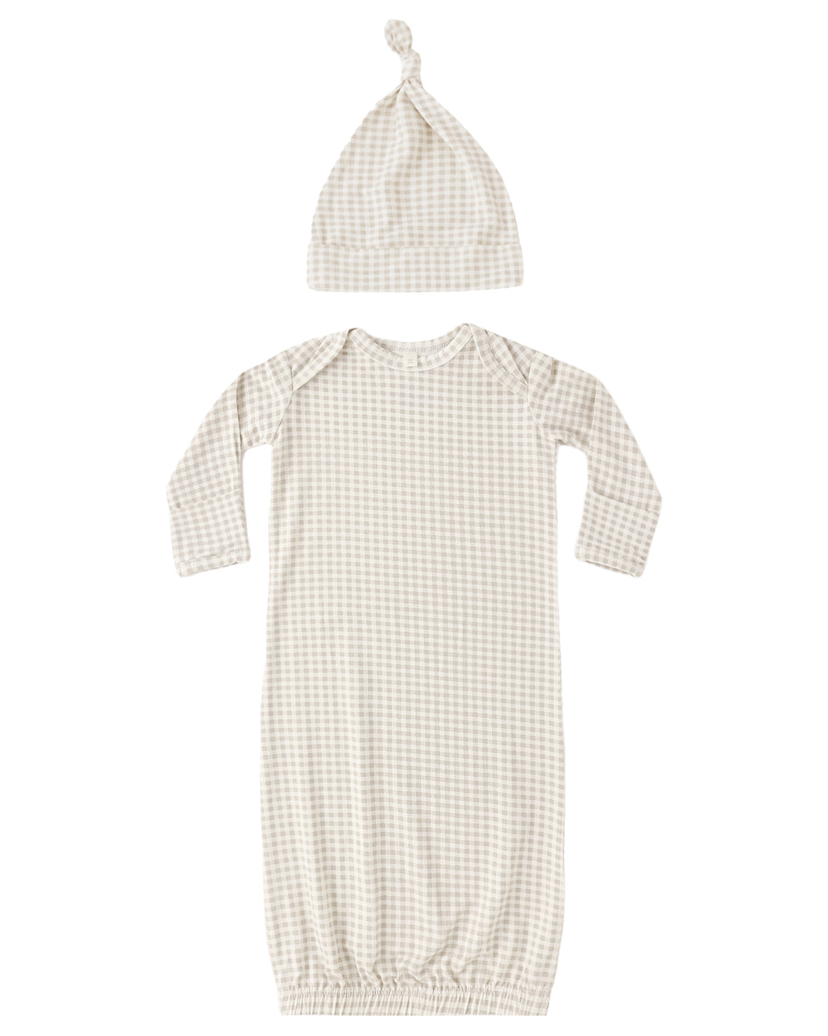 Baby gown and hat set with oat gingham pattern on a white background