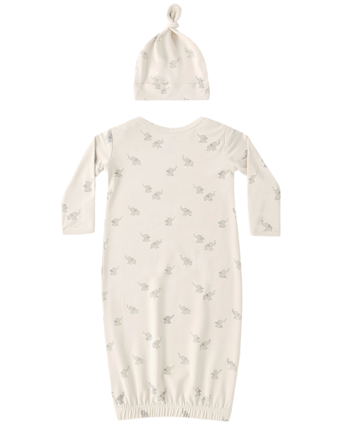 Baby gown and hat set with a subtle elephants pattern on a white background