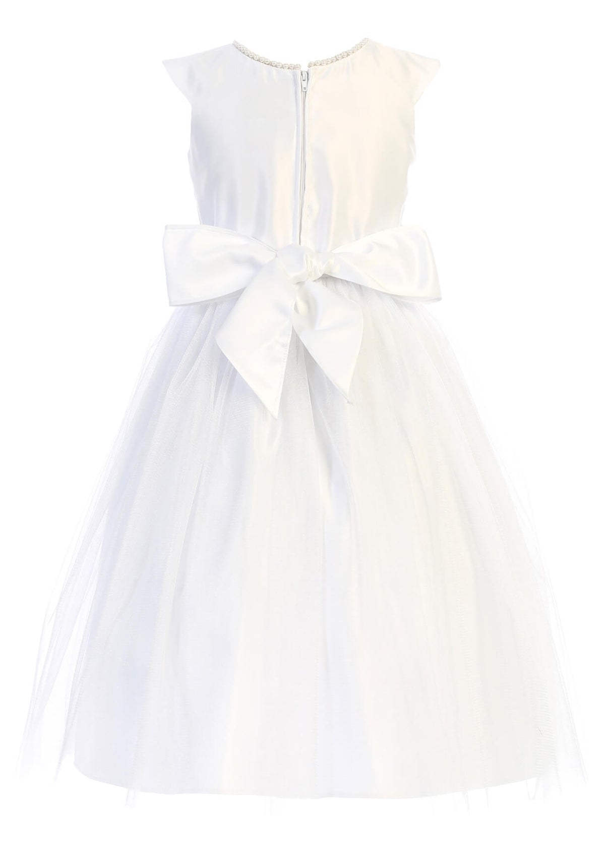 White Satin & Tulle Dress Pearl Embroidered Waist