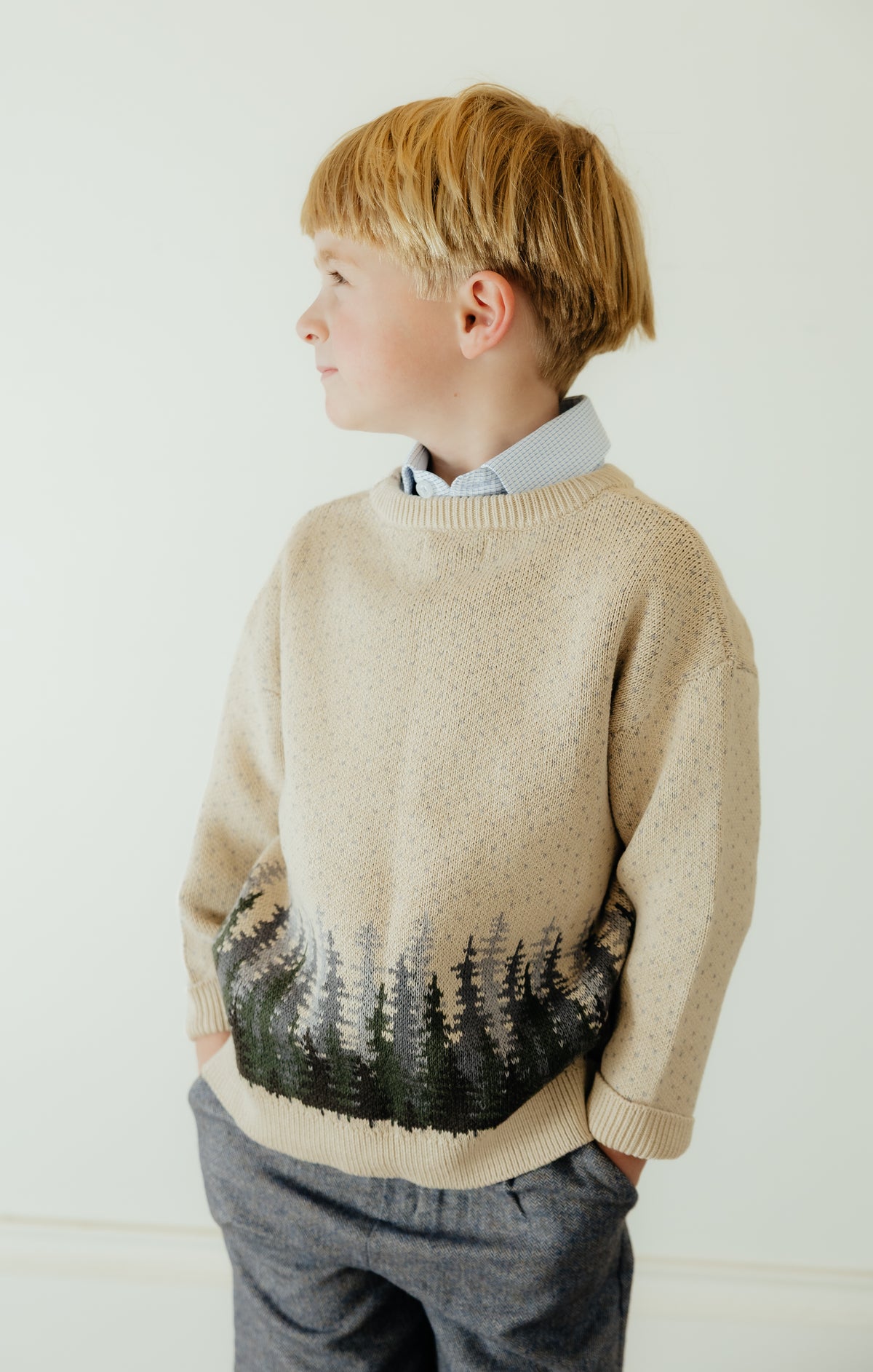 Beige Pine Forest Crew Sweater