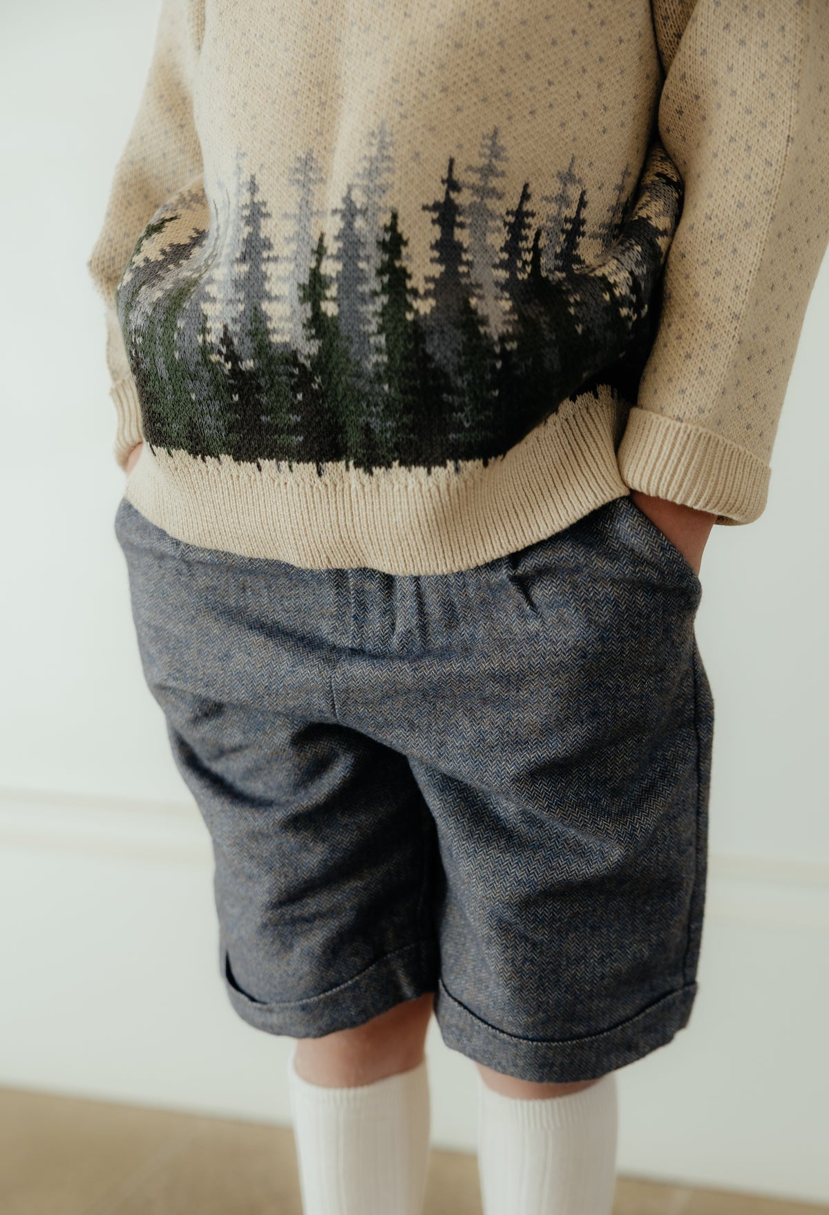 Grey Blue Herringbone Short Brown Trim