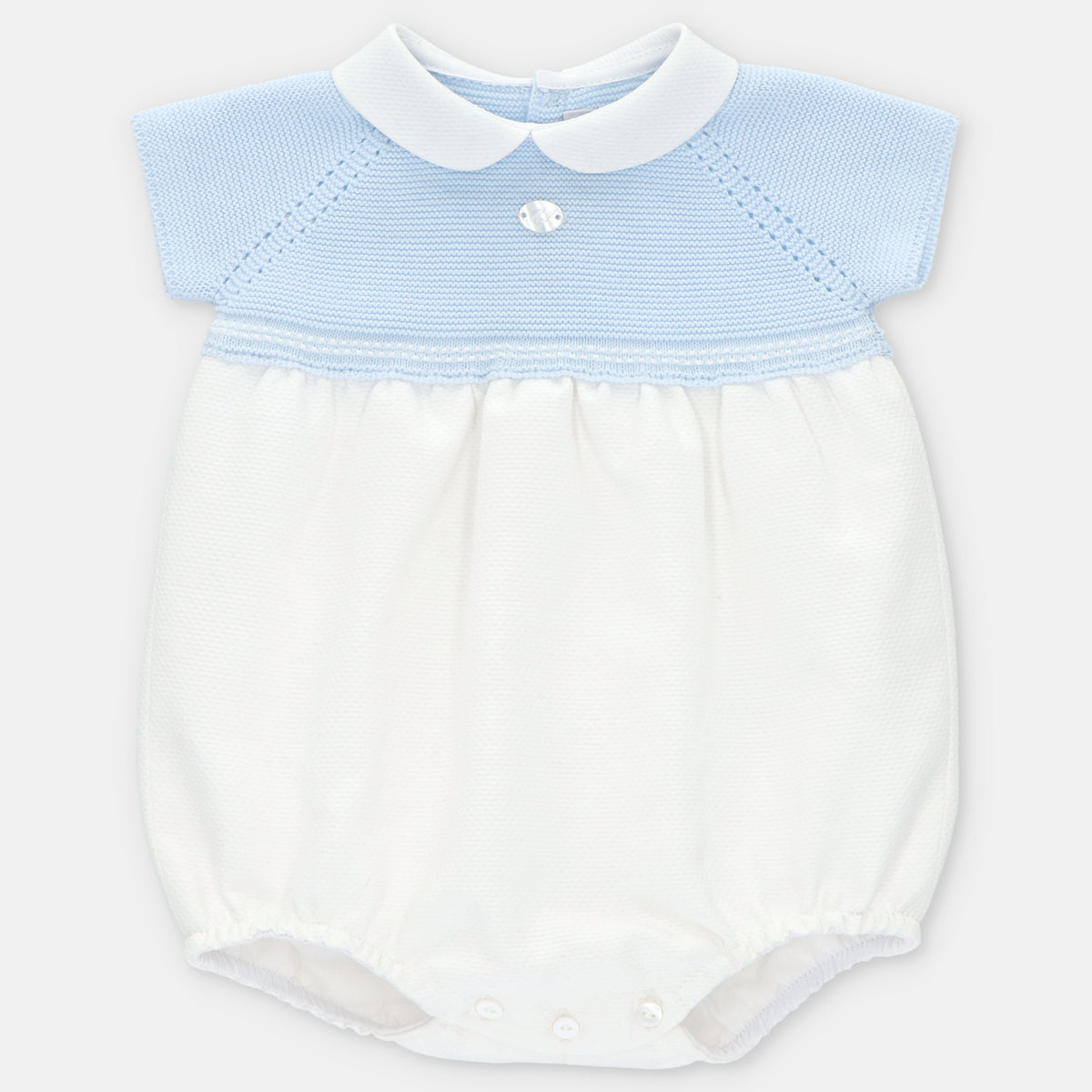 Light Blue Knit with White Pique Romper