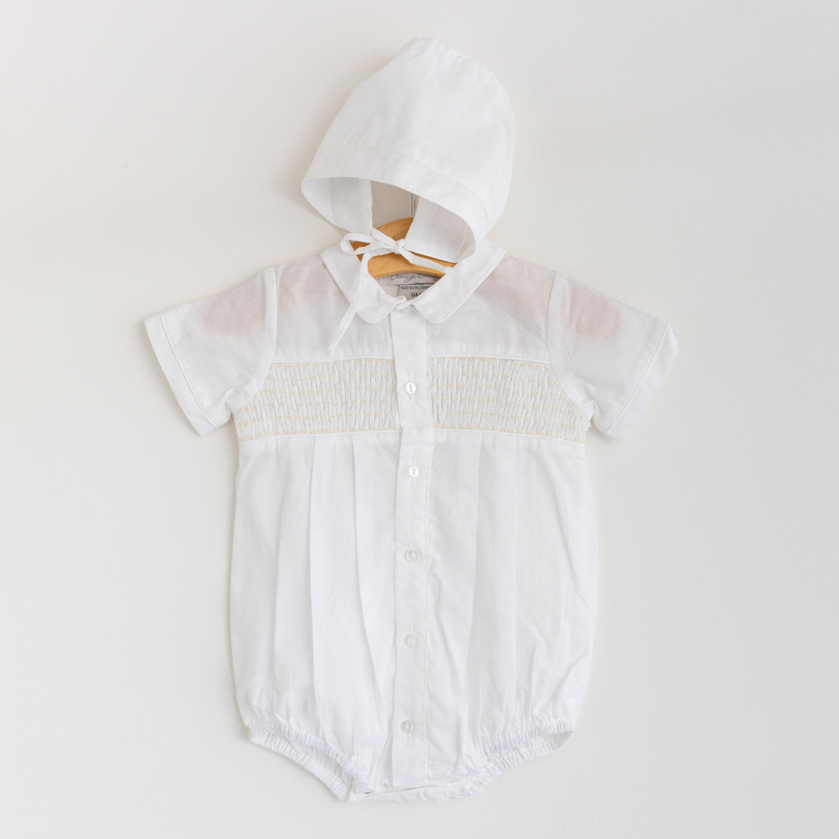 Beige Smocked Bubble and Bonnet