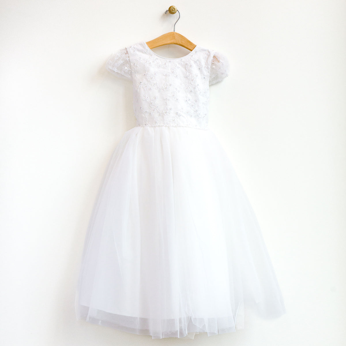 Girl's White Pearl Embroidered Tulle Dress
