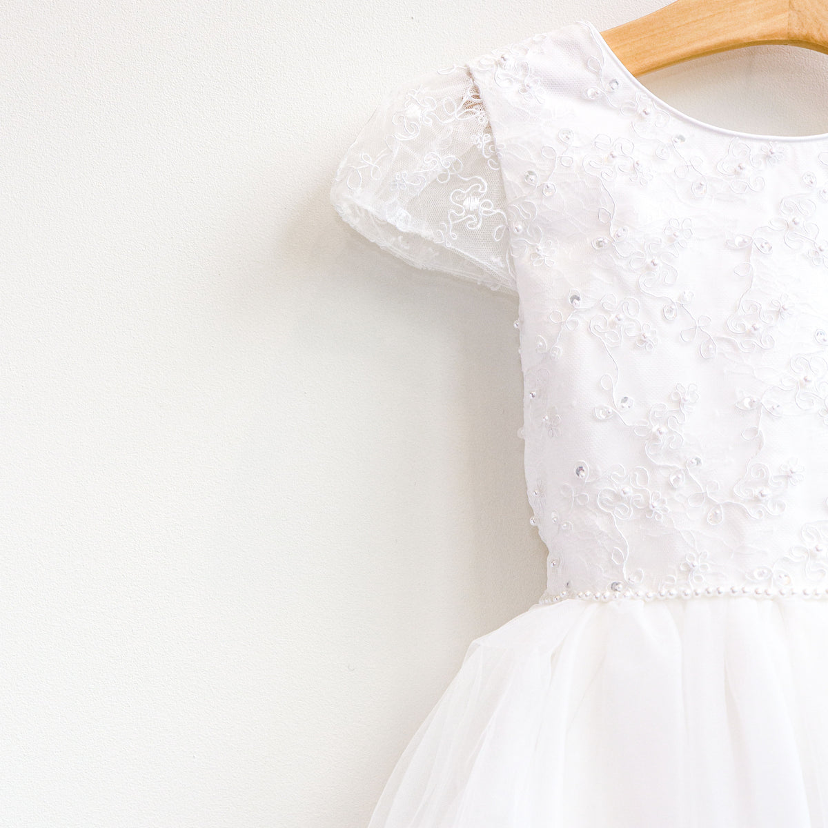 Girl's White Pearl Embroidered Tulle Dress