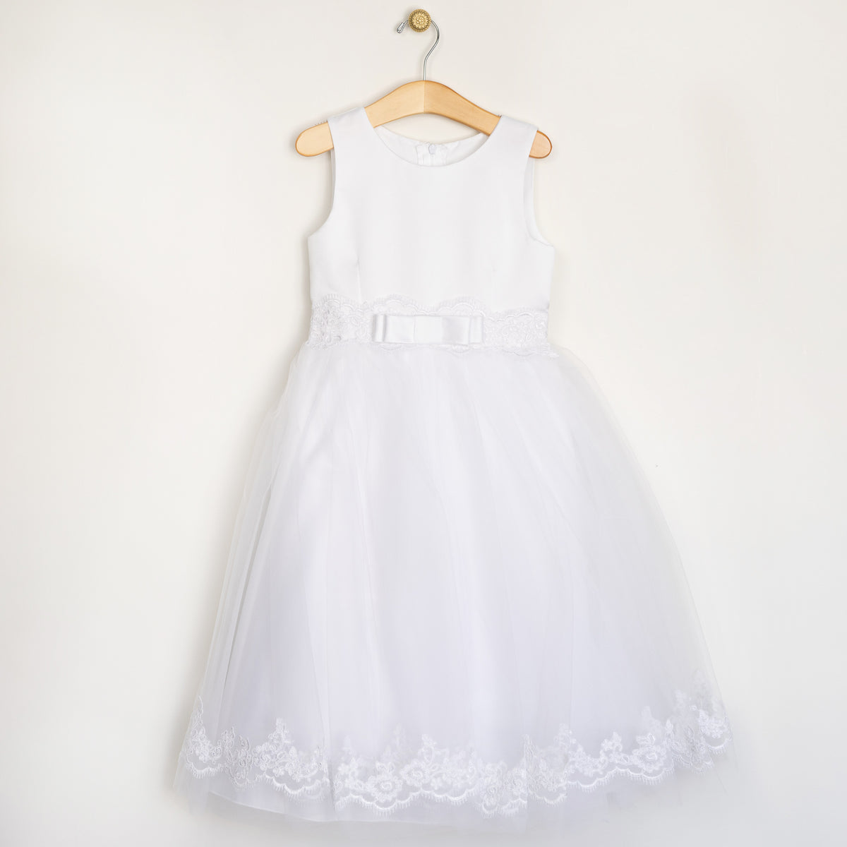 Girl's White Tulle & Lace Bow Dress