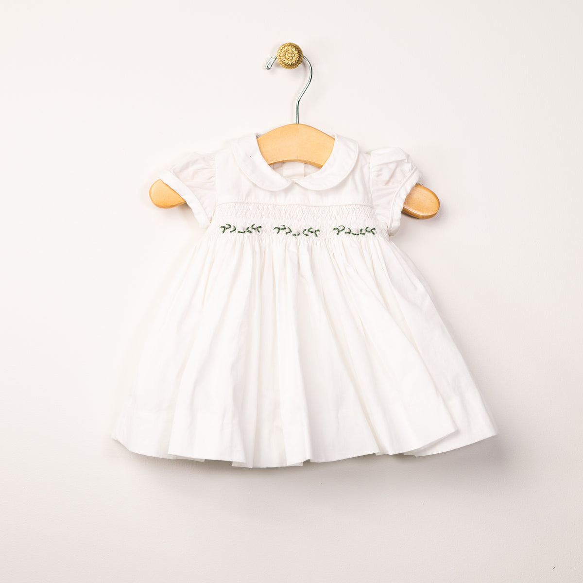Girl's White Smocked Dress with Green leaf