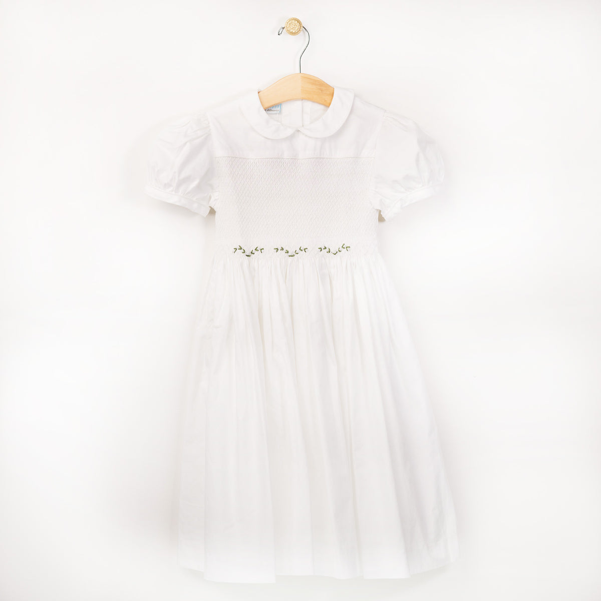 Girl's White Smocked Dress with Green Leaf